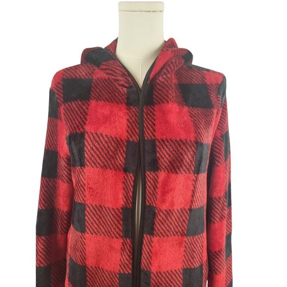 Knapp Studio Medium (est). Hooded Open Front Jacket Red Black Plaid Soft Cozy - Picture 3 of 8